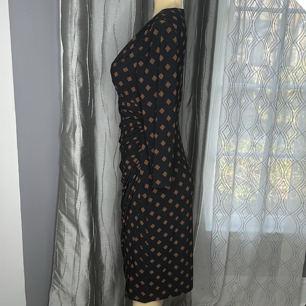 Ralph Lauren woman dress Sz 6 3/4 Sleeves Ruched side Black/Brown square pattern - Picture 2 of 6